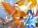  1boy bird blue_eyes fearow feathers from_side gym_leader hayato_(pokemon) japanese_clothes male_focus mumilove noctowl on_shoulder outstretched_arm owl pidgeot pokemon pokemon_(creature) red_eyes talons 