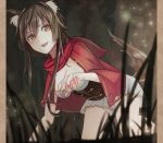  &gt;:d 1girl :d all_fours animal_ears blood bloody_hands blush breasts brown_hair cleavage corset hood hood_down little_red_riding_hood little_red_riding_hood_(grimm) looking_at_viewer nakaichi_(ridil) open_mouth original pleated_skirt red_hood sidelocks skirt smile solo tail white_skirt wolf_ears wolf_tail yellow_eyes 