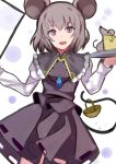  1girl :d animal_ears basket blush capelet cheese cowboy_shot dowsing_rod grey_eyes grey_hair grey_skirt jewelry juliet_sleeves long_sleeves looking_at_viewer mouse mouse_ears mouse_tail nakaichi_(ridil) nazrin open_mouth pendant puffy_sleeves skirt smile solo tail touhou 