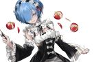  1girl apple black_dress blue_eyes blue_hair blush detached_sleeves dress food frills fruit hair_ornament hair_over_one_eye knife looking_at_viewer maid maid_headdress ran_(pixiv2957827) re:zero_kara_hajimeru_isekai_seikatsu rem_(re:zero) ribbon short_hair solo x_hair_ornament 