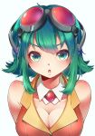  1girl arms_behind_back blush breasts cleavage from_above goggles goggles_on_head green_eyes green_hair gumi looking_at_viewer nou open_mouth short_hair solo vocaloid 