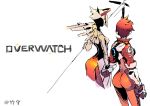  ass blonde_hair bodysuit bomber_jacket brown_hair gloves gun handgun holding holding_gun holding_weapon jacket mechanical_halo mechanical_wings mercy_(overwatch) overwatch s3eye short_hair simple_background spiky_hair staff tracer_(overwatch) weapon wings 
