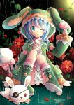  1girl animal_hood blue_eyes blue_hair boots bunny_hood date_a_live flower gyaza long_hair looking_at_viewer one_eye_closed rain sitting solo stuffed_animal stuffed_bunny stuffed_toy wet wet_clothes yoshino_(date_a_live) yoshinon 