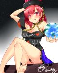  1girl bare_legs bare_shoulders barefoot breasts chains cleavage clothes_writing collar earth_(ornament) english feet fujimori_tonkatsu hand_behind_head hecatia_lapislazuli highres large_breasts legs_crossed long_hair looking_at_viewer miniskirt moon_(ornament) off-shoulder_shirt off_shoulder open_mouth polos_crown red_eyes redhead shirt sitting skirt soles solo t-shirt toes touhou upskirt 