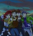  1girl 3boys brown_eyes brown_hair buzz_lightyear cowboy green_eyes hat jessie_(toy_story) multiple_boys night outdoors purple_hair redhead short_hair sky space_suit toy_story western woody 