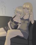  2girls black_dress blonde_hair breasts cleavage closed_eyes couch dress fate/grand_order fate_(series) hand_on_own_cheek head_on_shoulder highres jeanne_alter large_breasts legs_crossed multiple_girls nipi27 off_shoulder ruler_(fate/apocrypha) ruler_(fate/grand_order) saber saber_alter short_dress short_hair sitting sleeping strap_slip translation_request yellow_eyes 