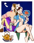  1boy 1girl 90s back-to-back balrog barefoot braid breasts brown_hair chun-li closed_eyes cup double_bun earrings fan food fruit hieeru_ponpon jewelry kettle long_hair mask mask_removed navel open_clothes open_mouth open_shirt panties paper_fan shirt shirtless single_braid street_fighter street_fighter_ii street_fighter_ii_(series) uchiwa underwear watermelon 