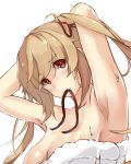  1girl adjusting_hair armpits breasts highres kantai_collection light_brown_hair looking_at_viewer mouth_hold murasame_(kantai_collection) naked_towel red_eyes solo takeichi_yui towel twintails tying_hair wet 