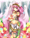  1girl angel_wings bare_shoulders benitsuki_tsubasa blush bouquet breasts butterfly cherry_blossoms cleavage collarbone detached_sleeves earrings field flower flower_field groin hairband halterneck hip_vent jewelry long_hair makai_gakuen_catastrophe navel official_art original petals pink_eyes pink_hair pink_wings sarong sideboob smile solo sparkle standing wings 