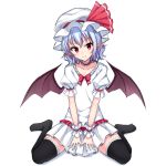  1girl bat_wings between_legs black_legwear blush bow bowtie closed_mouth dress eyebrows eyebrows_visible_through_hair frilled_sleeves frills full_body hand_between_legs hat hat_ribbon head_tilt junior27016 lace lace-trimmed_thighhighs legs_apart looking_at_viewer mob_cap neck_garter pointy_ears puffy_short_sleeves puffy_sleeves red_bow red_bowtie red_eyes red_ribbon remilia_scarlet ribbon scrunchie short_hair short_sleeves silver_hair simple_background smile solo thigh-highs touhou white_background white_dress white_hat wings wrist_scrunchie zettai_ryouiki 