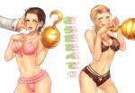  2girls :o black_bra black_hair black_panties blonde_hair blush bra breasts cake cleavage den___r donquixote_doflamingo facial_scar food frilled_panties frills genderswap genderswap_(mtf) glasses green_eyes hand_on_another&#039;s_face heart hook_hand large_breasts multiple_girls nose_scar one_piece panties pink_bra pink_panties scar short_hair sir_crocodile sunglasses sunglasses_on_head text tongue tongue_out translation_request underwear yellow_eyes 
