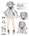  1girl bird blouse bottomless bow character_name character_sheet charolette_antoine_(hirota_tsuu) charolette_antoine_(kstaisa) frills full_body grey_hair hair_ribbon halberd high_heels hirota_tsuu kstaisa long_hair long_sleeves looking_at_viewer multiple_views open_mouth original pointy_ears polearm ribbon simple_background standing translation_request two_side_up violet_eyes weapon white_background 