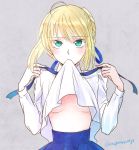  1girl ahoge biting_clothes blonde_hair blue_ribbon blue_skirt blush braid breasts clothes_lift fate/stay_night fate_(series) french_braid green_eyes lifted_by_self long_sleeves looking_at_viewer no_bra ribbon saber shirt shirt_lift skirt small_breasts solo sushimaro twitter_username under_boob upper_body white_shirt 
