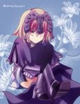  1girl armor artist_request blonde_hair cape fate/grand_order fate_(series) jeanne_alter leg_hug looking_at_viewer ruler_(fate/apocrypha) ruler_(fate/grand_order) short_hair solo thigh-highs thighs twitter_username type-moon yellow_eyes 