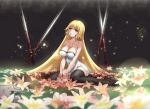  1girl black_legwear blonde_hair blood blood_on_face bloody_clothes breasts fate/apocrypha fate/grand_order fate_(series) flower highres kamkac large_breasts long_hair ruler_(fate/apocrypha) sitting solo thigh-highs wariza yellow_eyes 