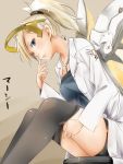  1girl akino_shuu beige_background black_legwear black_shirt black_skirt blonde_hair blue_eyes chair character_name collarbone finger_to_mouth headgear labcoat leaning_forward long_sleeves looking_at_viewer mechanical_wings mercy_(overwatch) open_labcoat overwatch pantyhose pantyhose_pull pencil_skirt ponytail shirt simple_background sitting skirt solo stethoscope wings 
