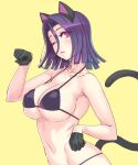  1girl and animal_ears bikini breasts cat_ears cat_tail gloves kantai_collection large_breasts midriff navel one_eye_closed paw_pose purple_hair short_hair simple_background solo swimsuit tail tatsuta_(kantai_collection) upper_body violet_eyes yellow_background yuuji_(and) 
