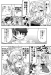  1boy 1girl :d alcohol blush bottle comic curly_hair drinking drooling drunk greyscale hat headgear k_hiro kantai_collection little_boy_admiral_(kantai_collection) long_hair military military_uniform monochrome naval_uniform open_mouth peaked_cap pola_(kantai_collection) shota_admiral_(kantai_collection) smile translation_request uniform wine wine_bottle 