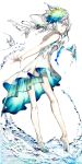  1girl absurdres bare_shoulders barefoot blue_eyes blue_hair dress female floating full_body highres looking_back multicolored_hair original outstretched_hand pale_skin rooseputo_02 solo water white_background white_dress 