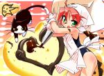  1girl :p apron body_blush cat gloves green_eyes heart icing kokono_(section9) looking_at_viewer noritaka_suzuki one-piece_swimsuit pastry_bag pink_hair section9 swimsuit tongue tongue_out 