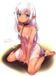  1girl a_k_o bare_shoulders blue_eyes blush breasts chains collar collarbone dark_skin dated elf highres long_hair looking_at_viewer nightgown pointy_ears see-through silver_hair sitting small_breasts solo twitter_username wariza 