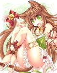  1girl :d absurdres animal_ears bell book bow brown_hair cat_ears cat_tail enokorogusa_(flower_knight_girl) fang flower_knight_girl green_background green_eyes highres jingle_bell long_hair looking_at_viewer mumumu open_mouth paw_pose red_bow sandals skirt smile solo tail tail_bow white_skirt x_hair_ornament 