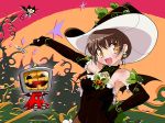  1girl black_gloves brown_hair cat digitamin earrings gloves hand_on_hip hat holding jack-o&#039;-lantern jewelry noritaka_suzuki open_mouth orange_eyes outstretched_arm plant ritsuko_(digitamin) short_hair skull_and_crossbones skull_earrings solo vines wand witch_hat 