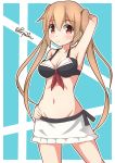  1girl alternate_costume arm_behind_head arm_up armpits bikini black_bikini breasts brown_hair front-tie_bikini front-tie_top hand_on_hip highres kantai_collection long_hair looking_at_viewer murasame_(kantai_collection) navel pepatiku red_eyes solo swimsuit twintails twitter_username 