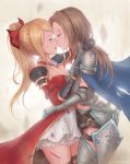  2girls armor blonde_hair blush breasts brown_hair cape catalina_(granblue_fantasy) cleavage closed_eyes cuts eliskalti face-to-face gauntlets granblue_fantasy incipient_kiss injury long_hair multiple_girls open_mouth ponytail simple_background smile tears thigh-highs vira white_background yuri zettai_ryouiki 