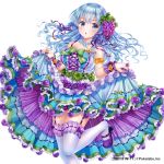  1girl :o armlet bangs bare_shoulders blue_dress blue_eyes blue_hair blush bow breasts collarbone company_name copyright_name dress food food_themed_hair_ornament frilled_dress frills fruit garter_straps grape_hair_ornament grapes hair_ornament hair_ribbon jewelry long_hair mary_janes moyon necklace official_art one_leg_raised ribbon sangoku_infinity shoes simple_background skirt_hold solo thigh-highs white_background white_legwear 