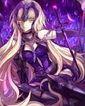  1girl armor blonde_hair breasts chains cleavage fate/grand_order fate_(series) flower fur_trim headpiece highres jeanne_alter long_hair looking_at_viewer ruler_(fate/apocrypha) ruler_(fate/grand_order) smirk solo sword thigh-highs weapon yellow_eyes yuu_(pixiv769259) 