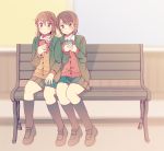  2girls bench black_legwear blurry_background blush brown_hair cardigan cellphone commentary hachiko_(hati12) hand_on_own_thigh kneehighs long_hair looking_at_phone multiple_girls original parted_lips phone red_sweater ribbon school_uniform shoes short_hair sitting skirt smartphone sweater yellow_sweater 