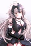  1girl ahoge armor armored_dress arms_behind_back bare_shoulders blush breasts brown_eyes chains cleavage collarbone cowboy_shot fate/grand_order fate_(series) headpiece jeanne_alter long_hair looking_at_viewer navel parted_lips ruler_(fate/apocrypha) ruler_(fate/grand_order) silver_hair solo sushimaro twitter_username 