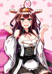  1girl :d adapted_costume ahoge alternate_costume apron breasts brown_hair cleavage clenched_hands detached_sleeves double_bun fuuki_(nicoseiga) fuuki_(te_fuukin) grey_eyes hairband heart heart_background highres kantai_collection kongou_(kantai_collection) long_hair looking_at_viewer maid_apron nontraditional_miko open_mouth pleated_skirt sitting skirt smile solo thigh-highs zettai_ryouiki 