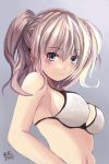  1girl alternate_costume artist_name bare_shoulders bikini blue_eyes bra breasts commentary_request eyebrows eyebrows_visible_through_hair grey_background kantai_collection kashima_(kantai_collection) large_breasts looking_at_viewer navel sideboob silver_hair simple_background solo swimsuit underwear wavy_hair white_bikini white_bra yanagi_wakana 