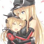  2girls :d anchor_hair_ornament azuhira bare_shoulders bismarck_(kantai_collection) black_gloves blonde_hair blue_eyes blush breasts elbow_gloves eyebrows from_side gloves grey_hat hair_ornament hand_on_another&#039;s_back hand_on_another&#039;s_head hand_on_another&#039;s_shoulder hat height_difference hug iron_cross kantai_collection large_breasts long_hair low_twintails multiple_girls open_mouth peaked_cap petals prinz_eugen_(kantai_collection) simple_background smile twintails upper_body white_background white_gloves 