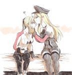  2girls bare_shoulders bismarck_(kantai_collection) black_bra black_gloves black_legwear blonde_hair blue_eyes bra breasts brown_gloves coffee_cup detached_sleeves forehead_kiss gloves graf_zeppelin_(kantai_collection) grey_legwear hair_between_eyes hat heart highres kantai_collection kiss kriegsmarine long_hair long_sleeves looking_at_another midriff military military_hat military_uniform miniskirt multiple_girls navel open_clothes open_shirt pantyhose peaked_cap shirt sidelocks sitting skirt sweatdrop takatsuki_nato thigh-highs twintails underwear uniform yuri 