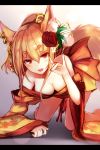  1girl all_fours animal_ears bare_shoulders blonde_hair breasts cleavage collarbone eyebrows eyebrows_visible_through_hair floral_print flower fox_ears fox_shadow_puppet fox_tail hair_between_eyes hair_flower hair_ornament hair_stick japanese_clothes kimono letterboxed long_sleeves looking_at_viewer nakaichi_(ridil) no_bra off_shoulder open_mouth original red_eyes sidelocks solo tail wide_sleeves 