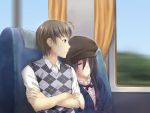  10s 1boy 1girl blonde_hair burn_scar closed_eyes crossed_arms game_cg ground_vehicle hat ikezawa_hanako katawa_shoujo long_hair nakai_hisao open_mouth purple_hair sleeping sweater_vest train train_interior yellow_eyes 