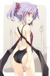  1girl alternate_hairstyle ass back bat_wings blush competition_swimsuit lavender_hair looking_at_viewer looking_back one-piece_swimsuit open_mouth pointy_ears ponytail profile red_eyes remilia_scarlet satou_kibi scrunchie sketch smile solo standing swimsuit touhou wings 