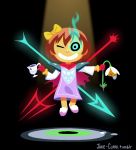  =_= androgynous black_background bow cape cup energy_blade floating flowey_(undertale) frisk_(undertale) fusion gloves glowing glowing_eye glowing_weapon hair_bow hair_ornament jake_clark pauldrons polearm slippers smile spear spider spotlight teacup trident undertale watermark weapon web_address x_x 