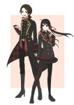  1boy 1girl argyle argyle_legwear black_hair blazer boots brown_eyes brown_hair earrings female_saniwa_(touken_ranbu) full_body hair_ribbon high_heel_boots high_heels jacket jewelry kashuu_kiyomitsu low_twintails mole mole_under_mouth nail_polish necktie open_mouth pantyhose pleated_skirt ponytail red_eyes red_nails ribbon saniwa_(touken_ranbu) scarf school_uniform skc skirt smile touken_ranbu twintails 