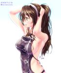 1girl armpits arms_up ashigara_(kantai_collection) breasts brown_eyes brown_hair covered_navel dated eyebrows eyebrows_visible_through_hair gradient gradient_background hair_tie hair_twirling hairband hand_in_hair hoshiyuki_aruru kantai_collection large_breasts long_hair no_bra sideboob simple_background solo twitter_username 