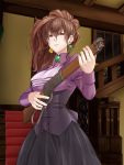  1girl breasts brown_eyes brown_hair corset cravat dress earrings gun highres jewelry rifle sawed-off_shotgun shotgun side_ponytail solo stairs umineko_no_naku_koro_ni underbust ushiromiya_natsuhi weapon yuzuki_karin 