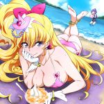  adapted_costume anklet asahina_mirai ass ball barefoot beach beachball bikini blonde_hair bow bracelet breasts chin_rest cleavage cure_miracle erect_nipples feet food foreshortening gloves hair_bow hat huge_breasts izayoi_liko jewelry long_hair looking_at_viewer lying mahou_girls_precure! mini_hat mini_witch_hat multiple_girls nakahira_guy ocean on_stomach outdoors pink_hat precure purple_hair sand school_swimsuit side_ponytail smile sweat swimsuit tree violet_eyes wading water white_gloves witch_hat 