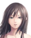  1girl black_eyes black_hair blurry depth_of_field face long_hair looking_at_viewer original parted_lips simple_background solo sugi_214 
