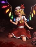  1girl :d ascot blonde_hair blood blood_splatter clenched_hand crystal fangs flandre_scarlet frilled_shirt_collar frills full_body hat hat_ribbon kneeling mob_cap open_mouth puffy_short_sleeves puffy_sleeves red_eyes red_ribbon ribbon short_sleeves side_ponytail skirt skirt_set skull sleepingfox smile solo touhou wings 