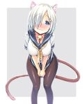 1girl animal_ears bell bent_over blue_eyes blush breasts brown_legwear bulbonne cat_ears cat_tail choker cleavage closed_mouth collarbone eyebrows eyebrows_visible_through_hair grey_background grey_skirt hair_ornament hair_over_one_eye hairclip hamakaze_(kantai_collection) hanging_breasts have_to_pee head_tilt highres jingle_bell kantai_collection kemonomimi_mode large_breasts leaning_forward looking_at_viewer pantyhose pleated_skirt shirt short_sleeves silver_hair simple_background skirt skirt_tug solo standing sweatdrop tail tareme v_arms wavy_mouth white_shirt 