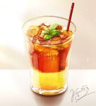  artist_name cup drink drinking_glass drinking_straw fusui ice ice_cube iced_tea leaf liquid no_humans original signature straw water_drop 