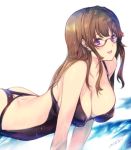  1girl all_fours ass ass_cutout black_swimsuit blush breasts brown_hair butt_crack cleavage erect_nipples glasses kuromukuro large_breasts long_hair looking_at_viewer min-naraken open_mouth red-framed_eyewear red-framed_glasses semi-rimless_glasses signature simple_background smile solo swimsuit unami_marina under-rim_glasses violet_eyes 